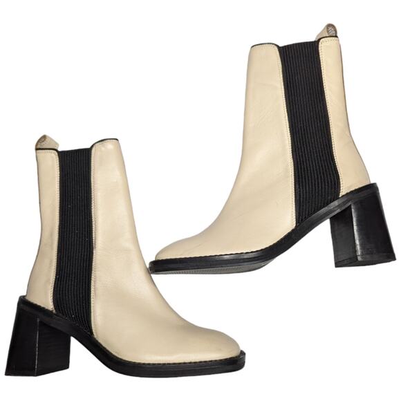 Asos Design Ratings Ivory Leather Square Toe Block Heel Midi Chelsea Boots 5.5 - Picture 1 of 7